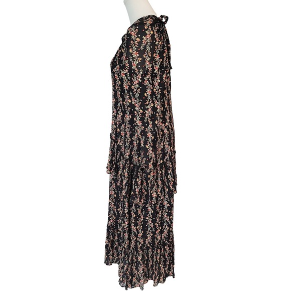 ZARA Black Floral Print Tiered‎ Maxi Dress Puff Sleeve Ruffle High Neck - Picture 5 of 10